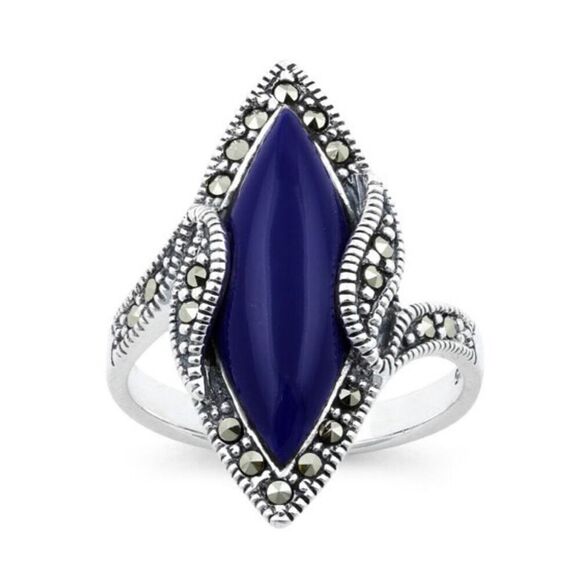 Sterling Silver Blue Lapis Marquise Marcasite Ring - Picture 1 of 4